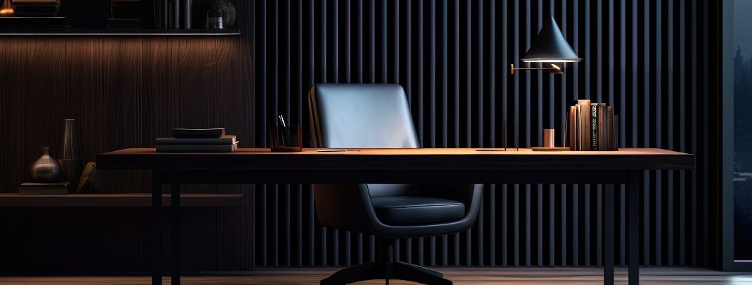 Zeitgenössisches Heimbüro mit Produktpräsentation bei wenig Licht in der Nähe des Fensters 3D-Rendering