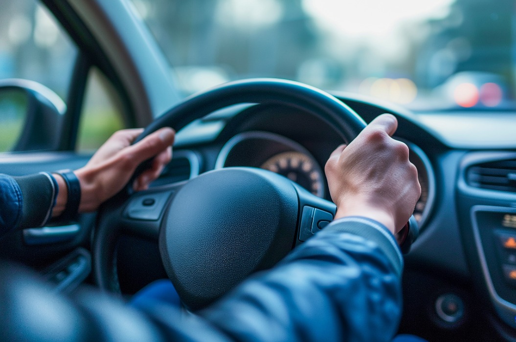 Das Bild vom Fahren mit beiden Händen am Lenkrad. Sicheres Fahren.